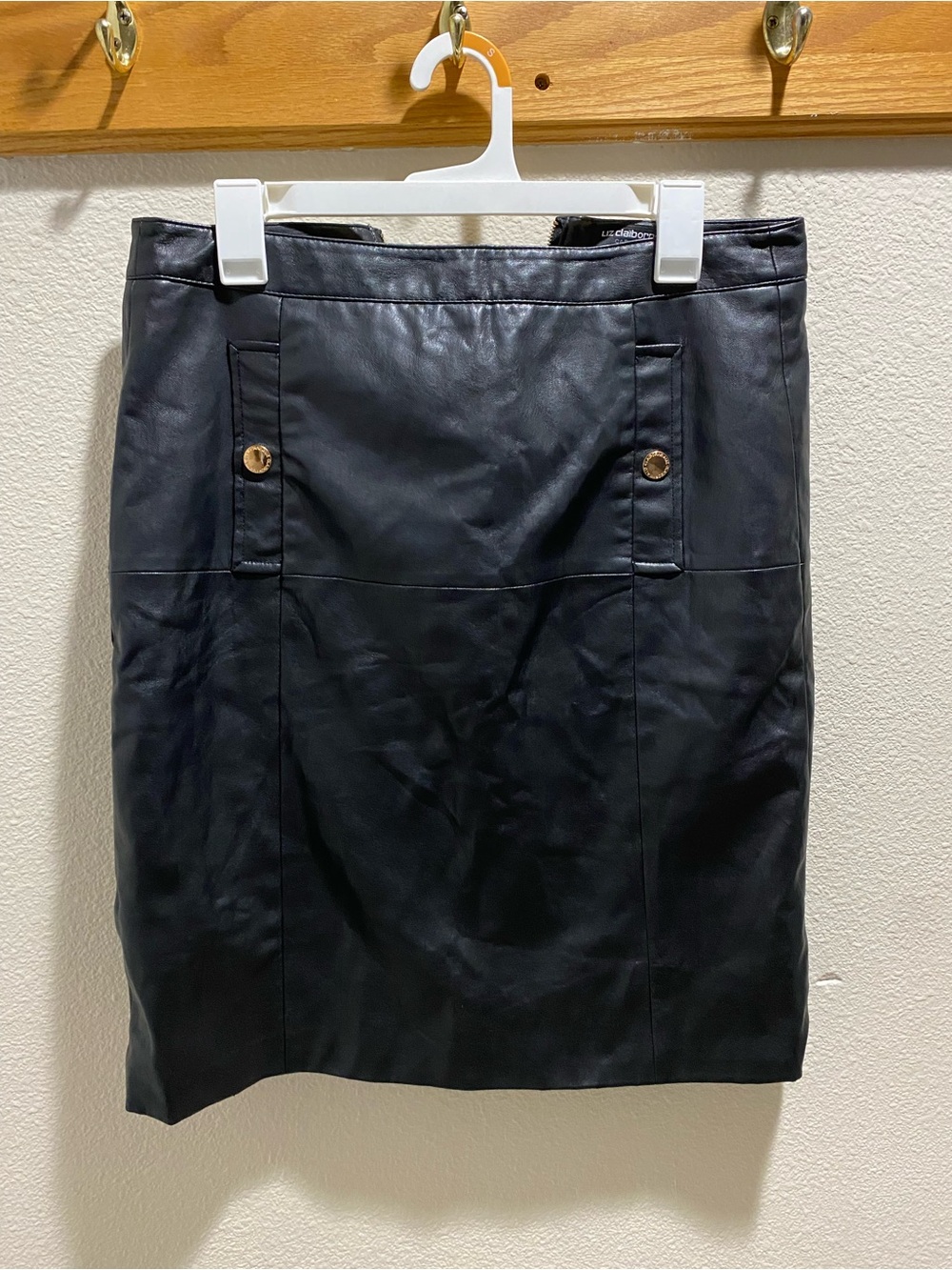 🔥Liz Claiborne Black Faux Leather Pencil Skirt with Gold Accent Buttons